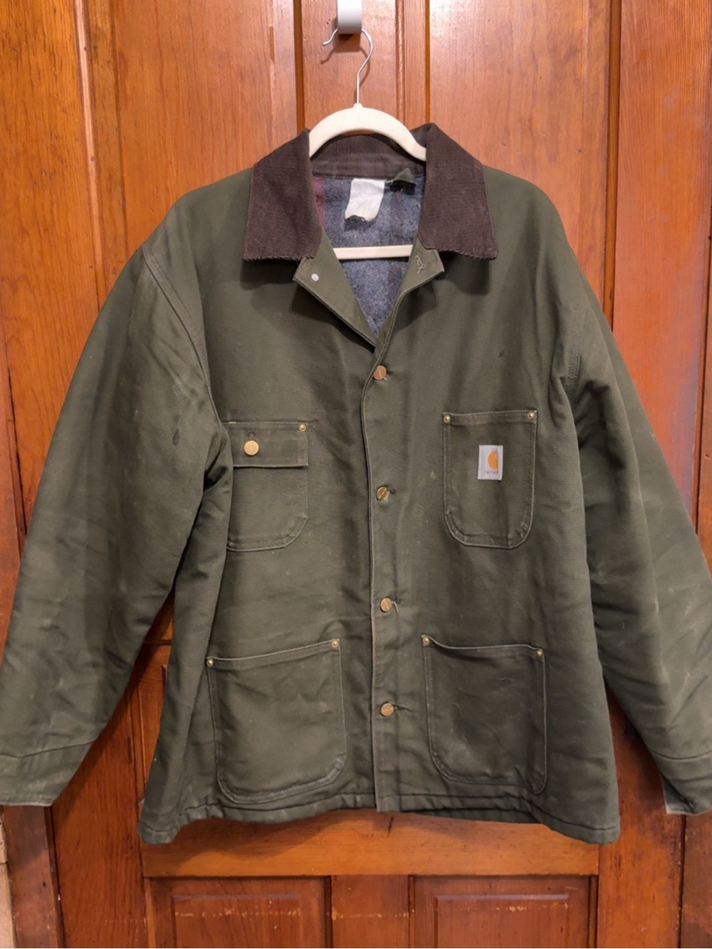 Carhartt Vintage Olive Green Duck Canvas Field Jacket with Brown Corduroy Collar